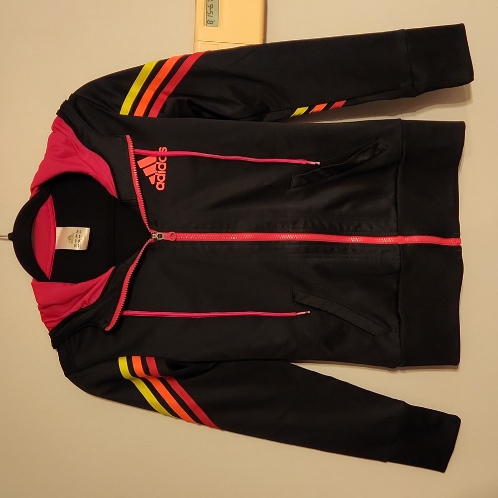 Black adidas zip up hoodie with neon pink yellow orange stripes